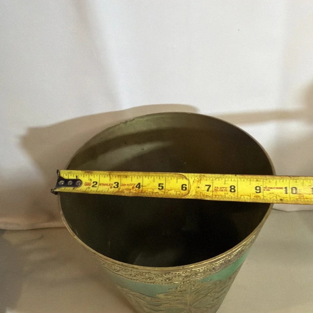 Vintage Italian Florentine Gilt Green Gold Tole Trash Can Bin Waste Basket